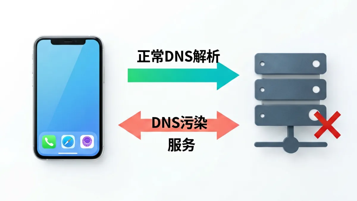 示意图展示DNS污染导致caoliu手机地址无法访问的网络请求路径对比